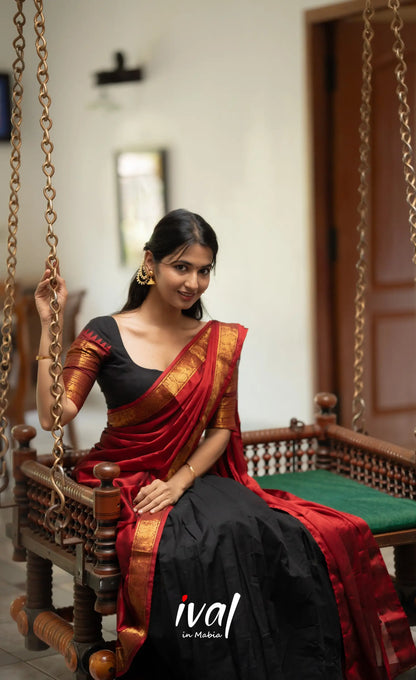 Padmaja - Red and Black Chettinad Cotton Halfsaree - Half Sarees