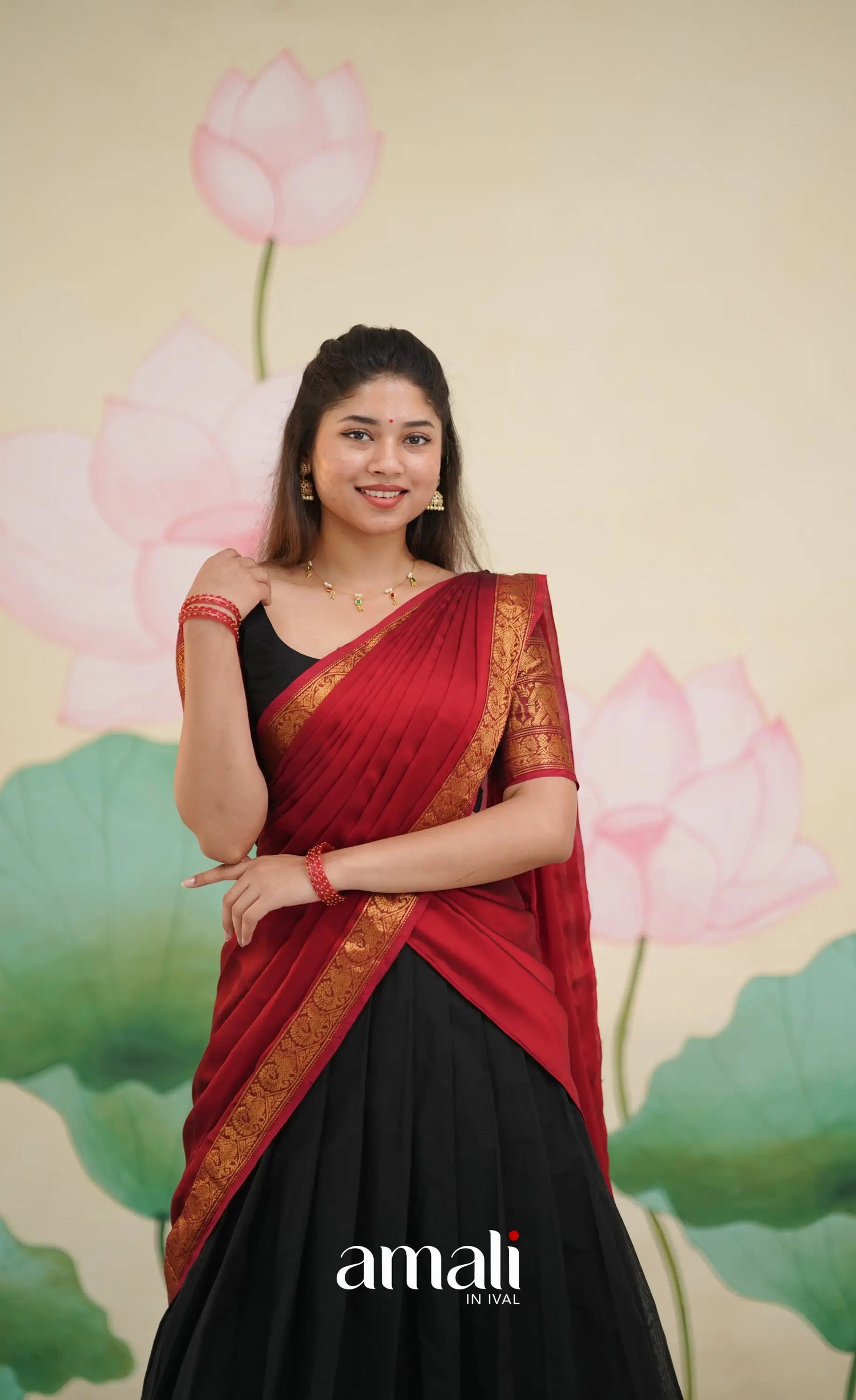 Padmaja - Red and Black Chettinad Cotton Halfsaree - Half Sarees