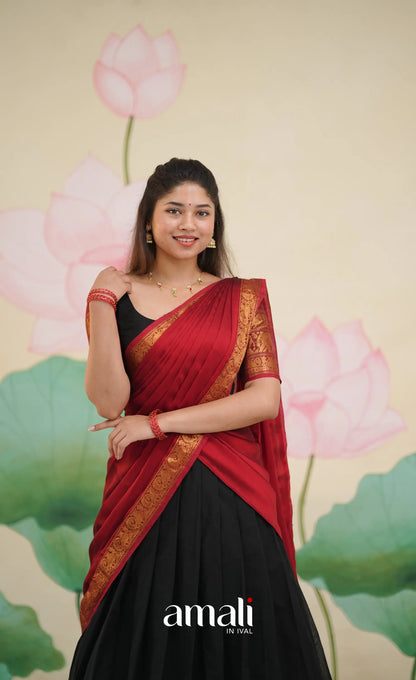 Padmaja - Red and Black Chettinad Cotton Halfsaree - Half Sarees