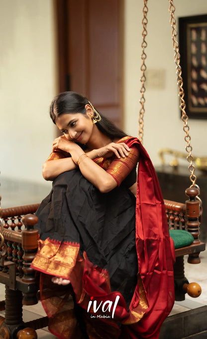 Padmaja - Red and Black Chettinad Cotton Halfsaree - Half Sarees