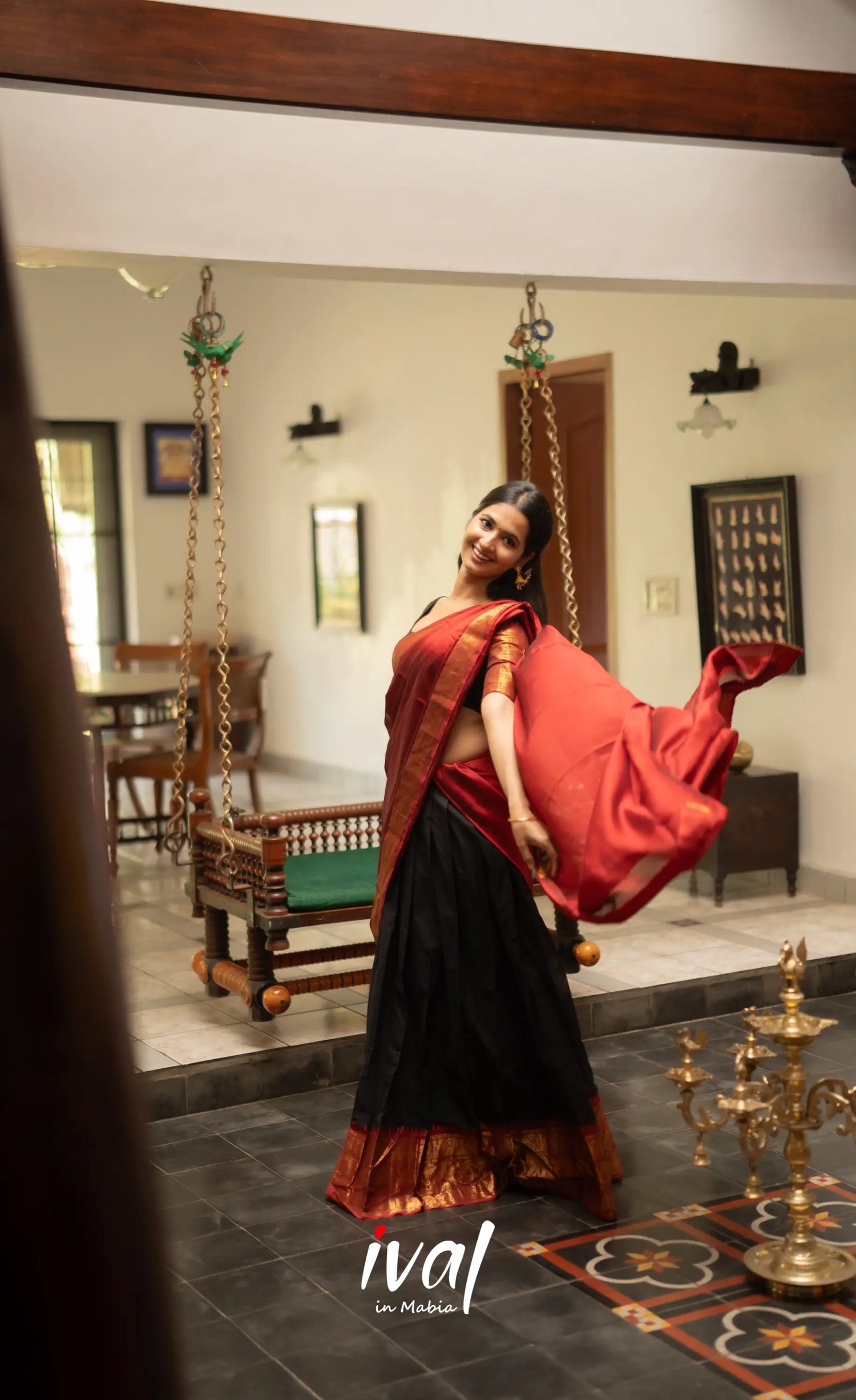 Padmaja - Red and Black Chettinad Cotton Halfsaree - Half Sarees