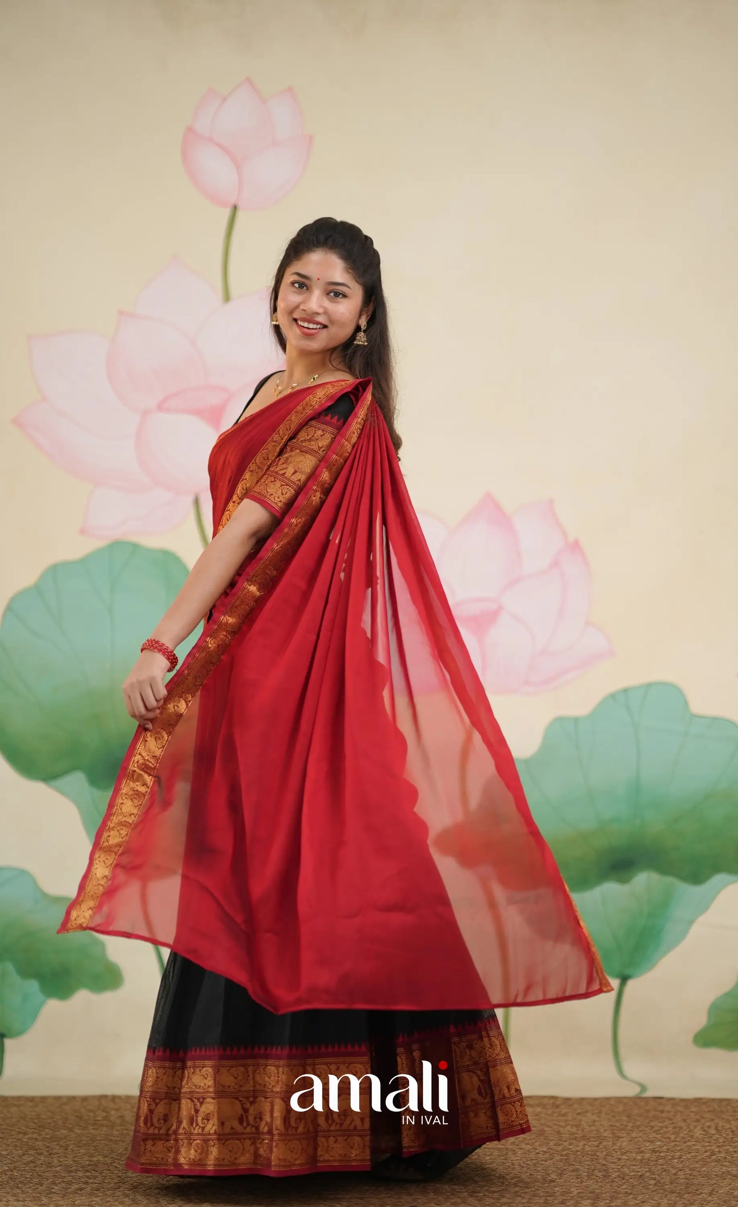Padmaja - Red and Black Chettinad Cotton Halfsaree - Half Sarees