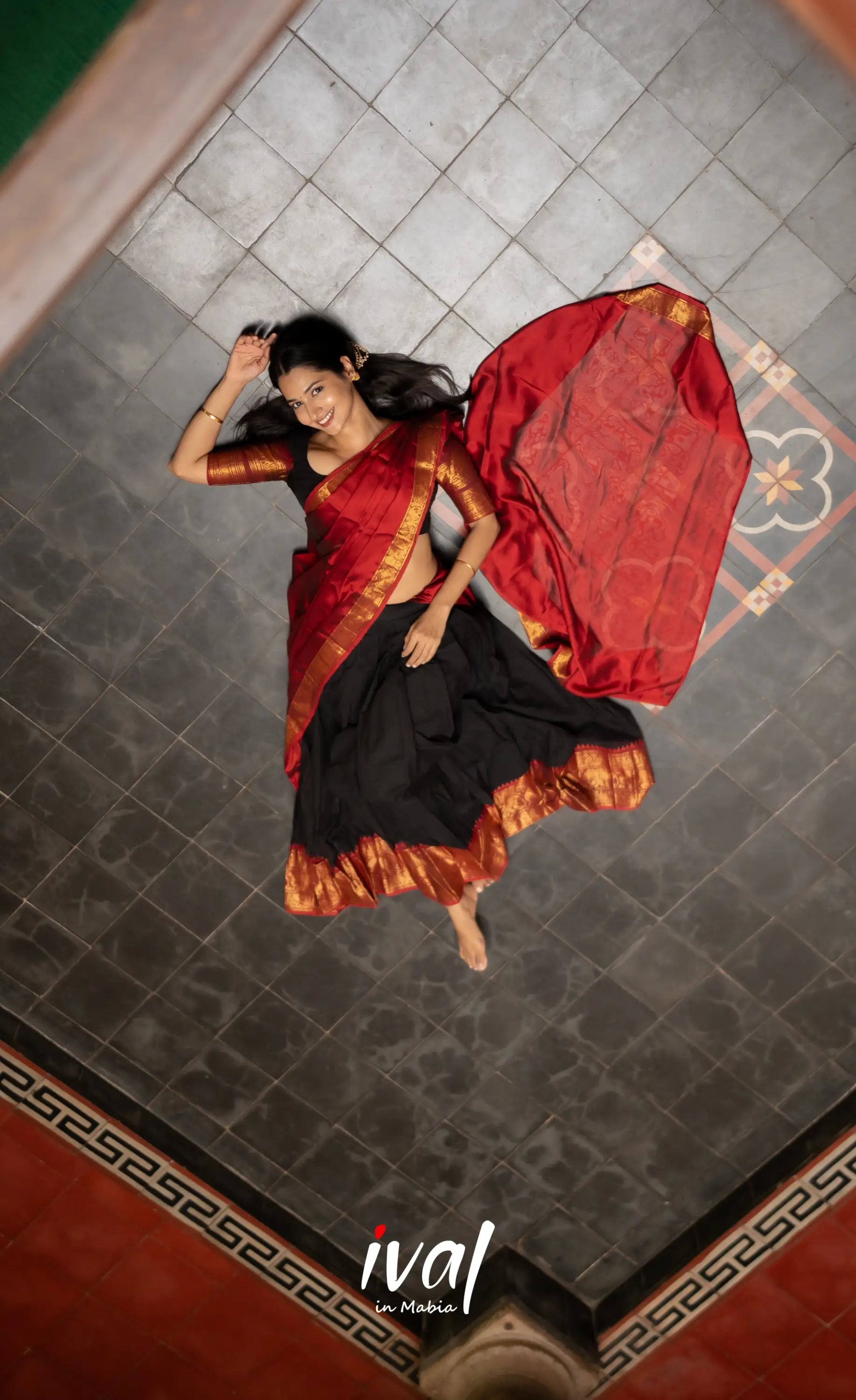 Padmaja - Red and Black Chettinad Cotton Halfsaree - Half Sarees