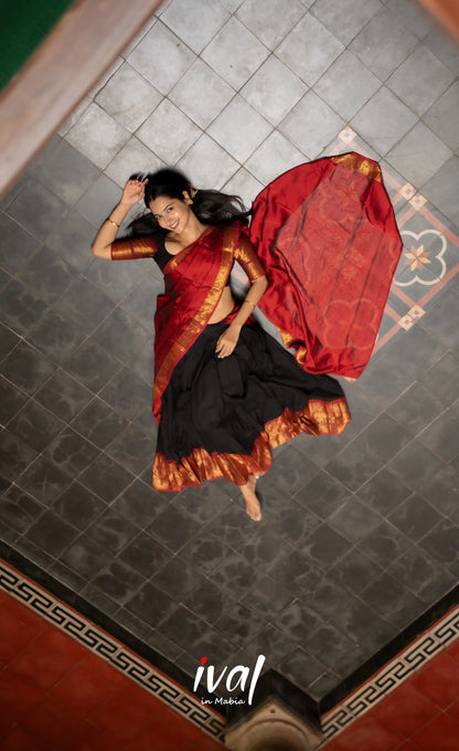 Padmaja - Red and Black Chettinad Cotton Halfsaree - Half Sarees