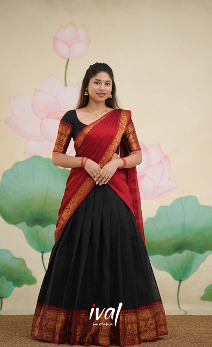 Padmaja - Red and Black Chettinad Cotton Halfsaree - Half Sarees