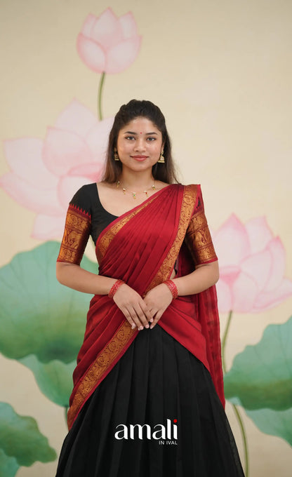 Padmaja - Red and Black Chettinad Cotton Halfsaree - Half Sarees