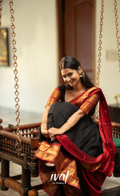 Padmaja - Red and Black Chettinad Cotton Halfsaree - Half Sarees