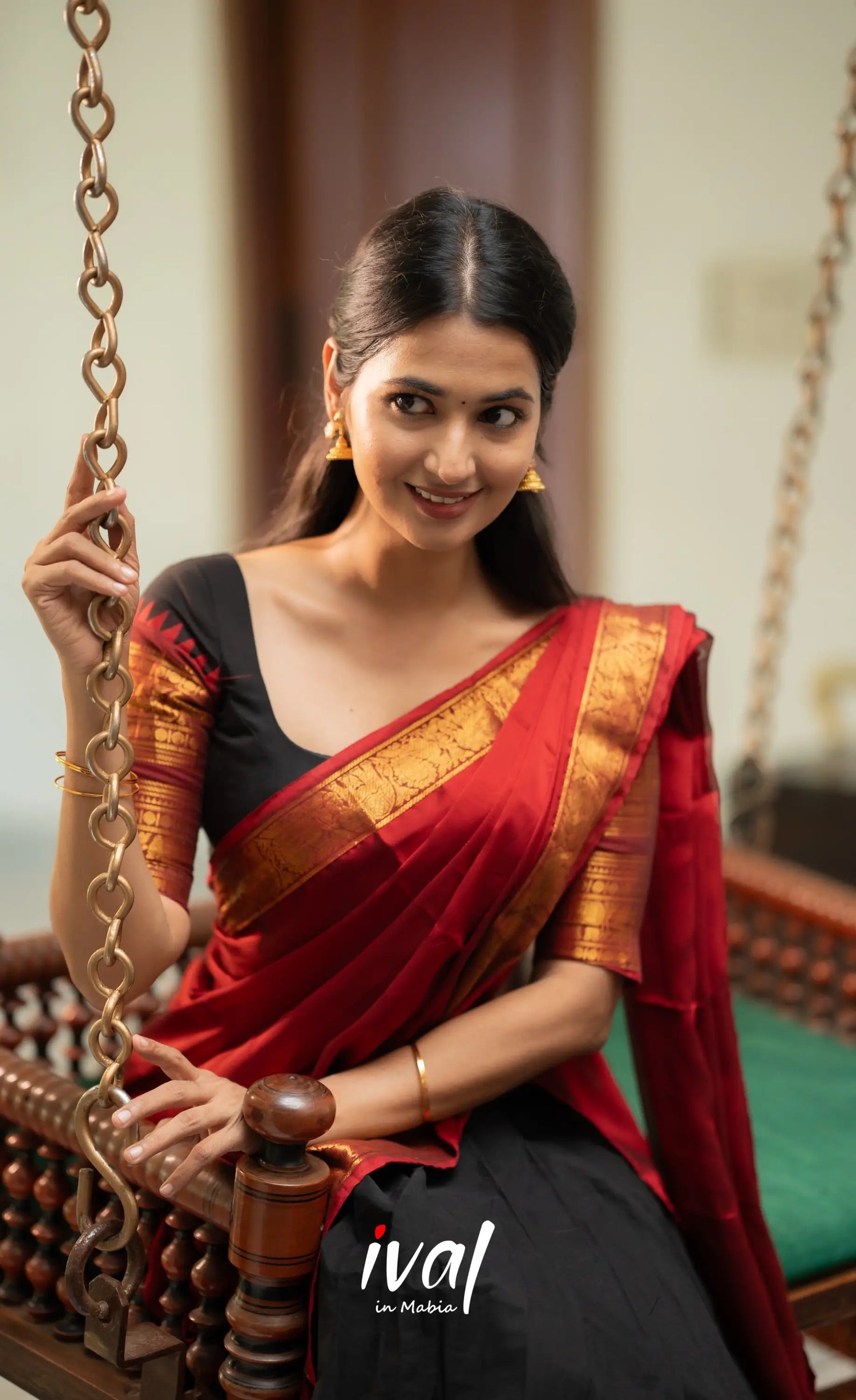 Padmaja - Red and Black Chettinad Cotton Halfsaree - Half Sarees