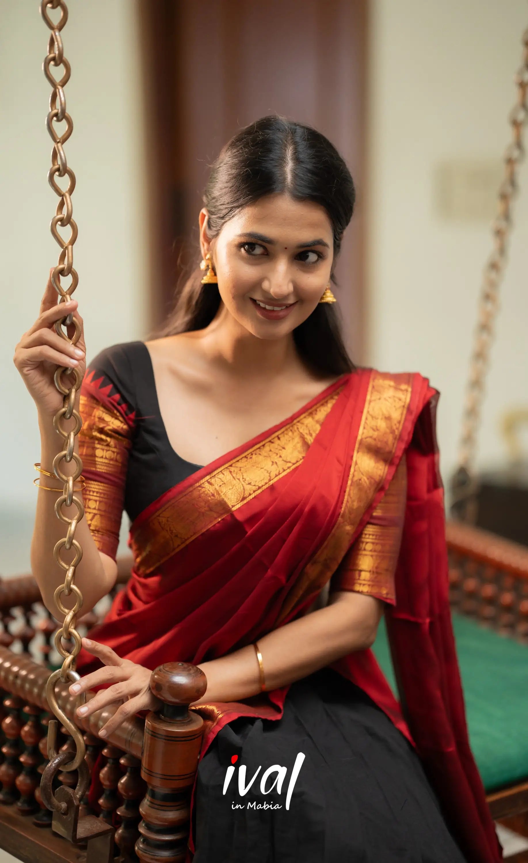 Padmaja - Red and Black Chettinad Cotton Halfsaree - Half Sarees
