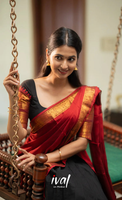 Padmaja - Red and Black Chettinad Cotton Halfsaree - Half Sarees