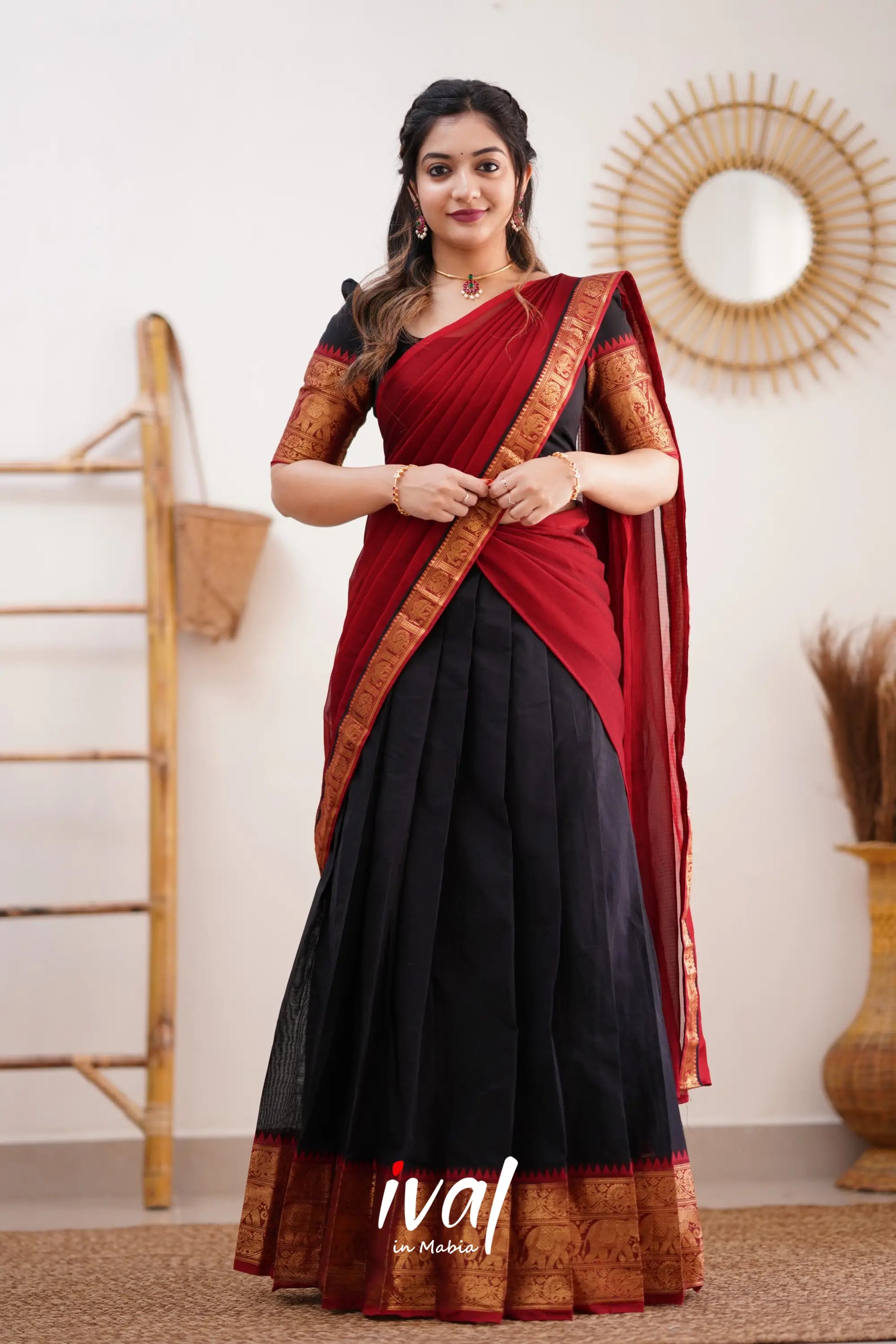 Padmaja - Red And Black Cotton Halfsaree Half Sarees