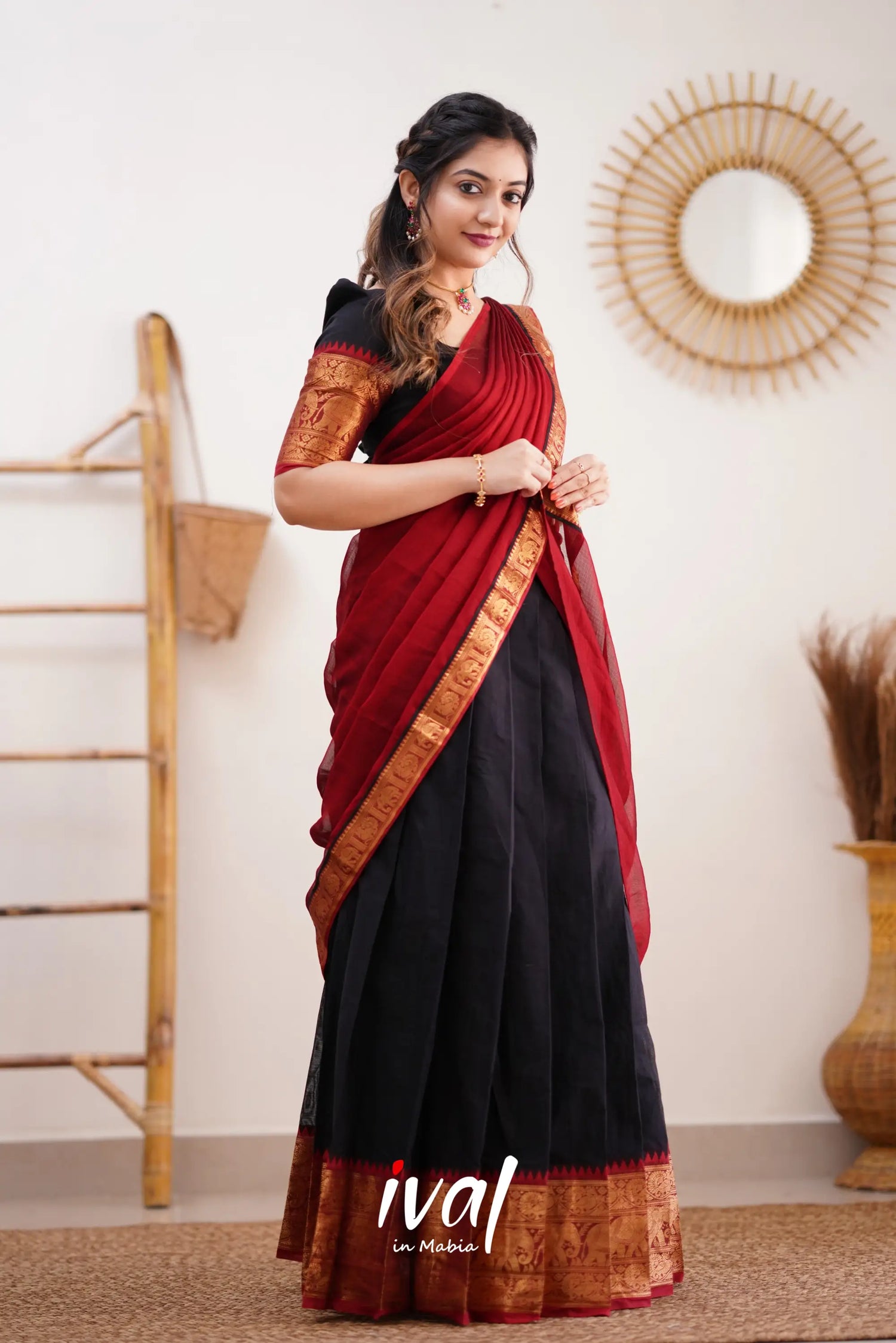 Padmaja - Red And Black Cotton Halfsaree Half Sarees