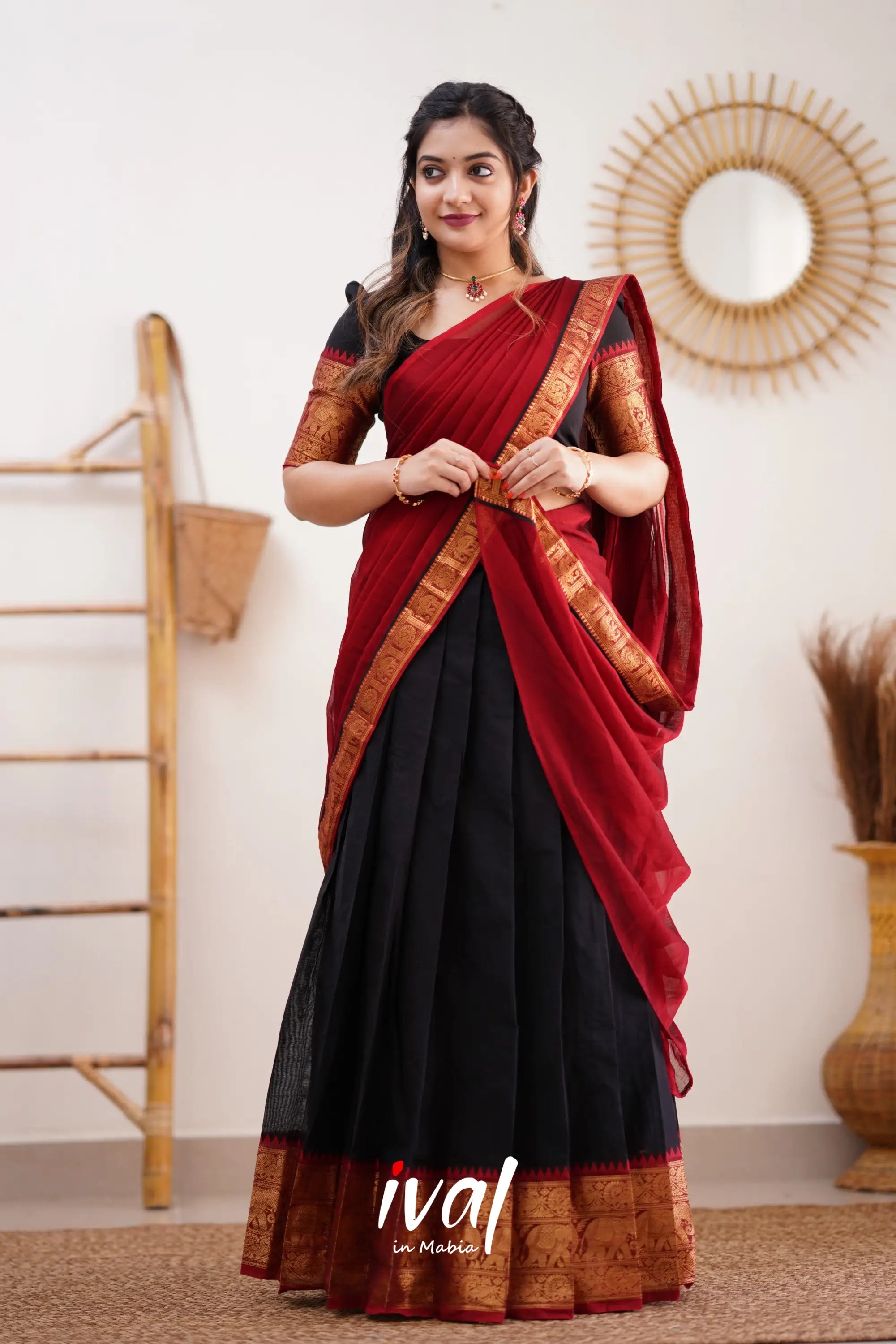 Half Saree Dhavani Styles Padmaja Red And Black Cotton Halfsaree