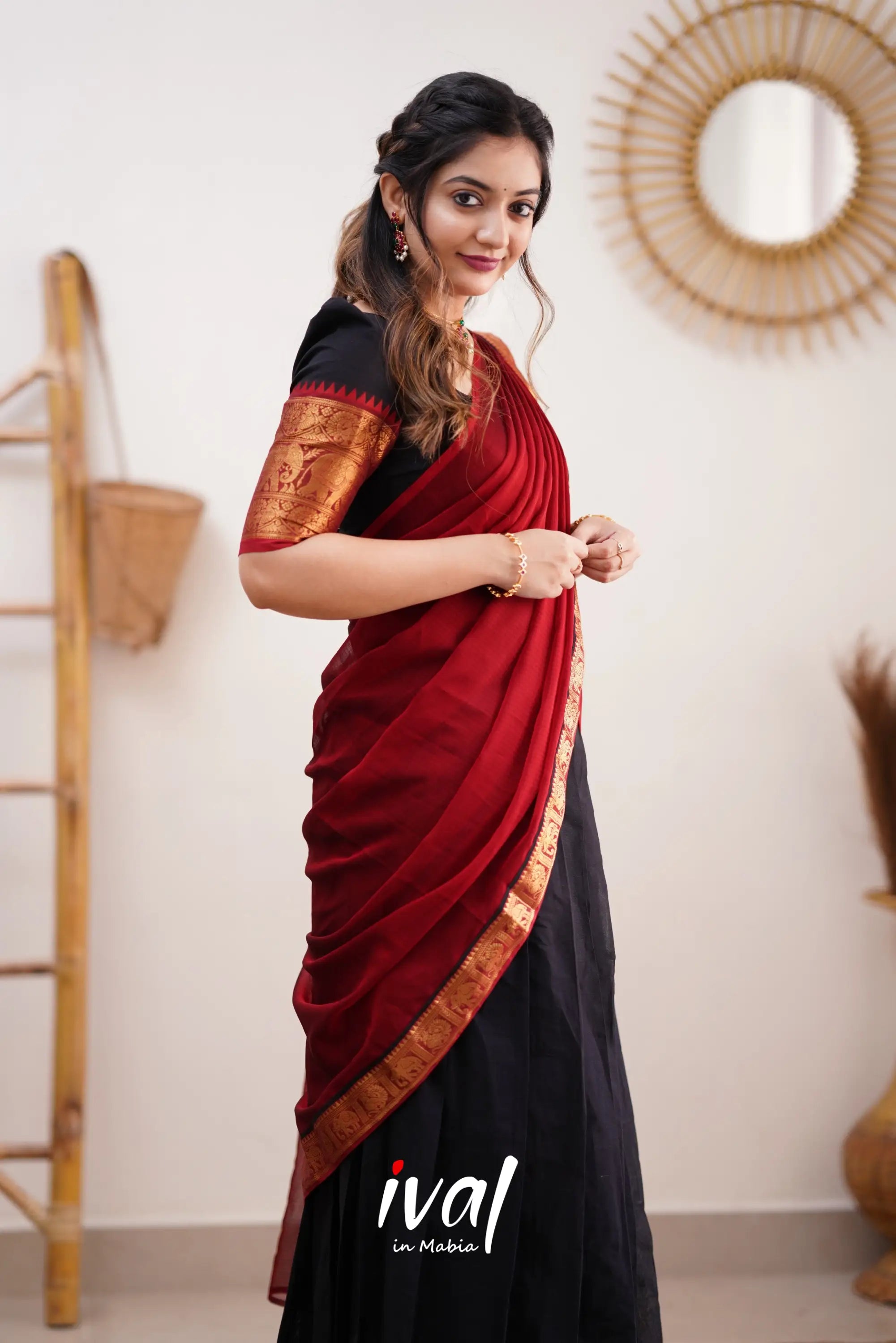 Padmaja - Red And Black Cotton Halfsaree Half Sarees