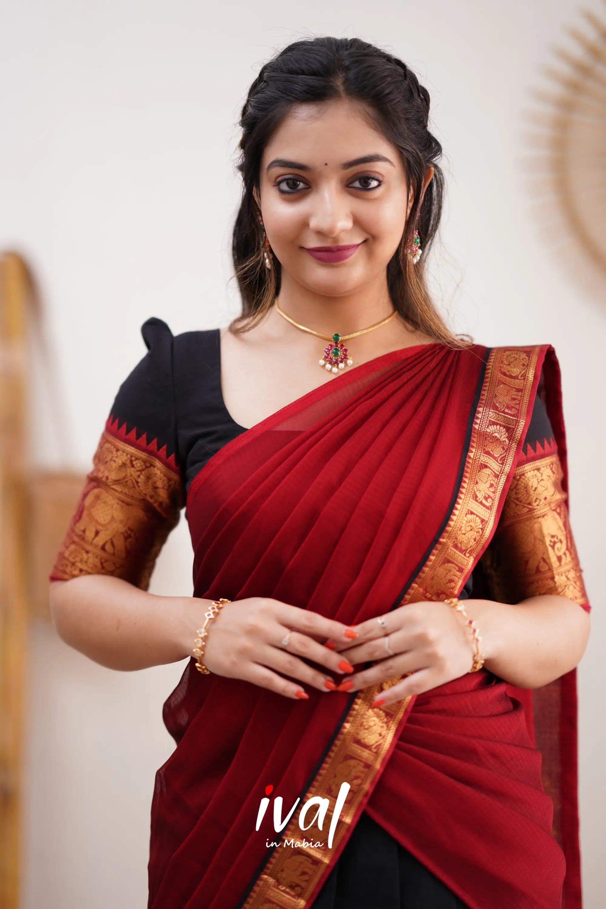 Padmaja - Red And Black Cotton Halfsaree Half Sarees