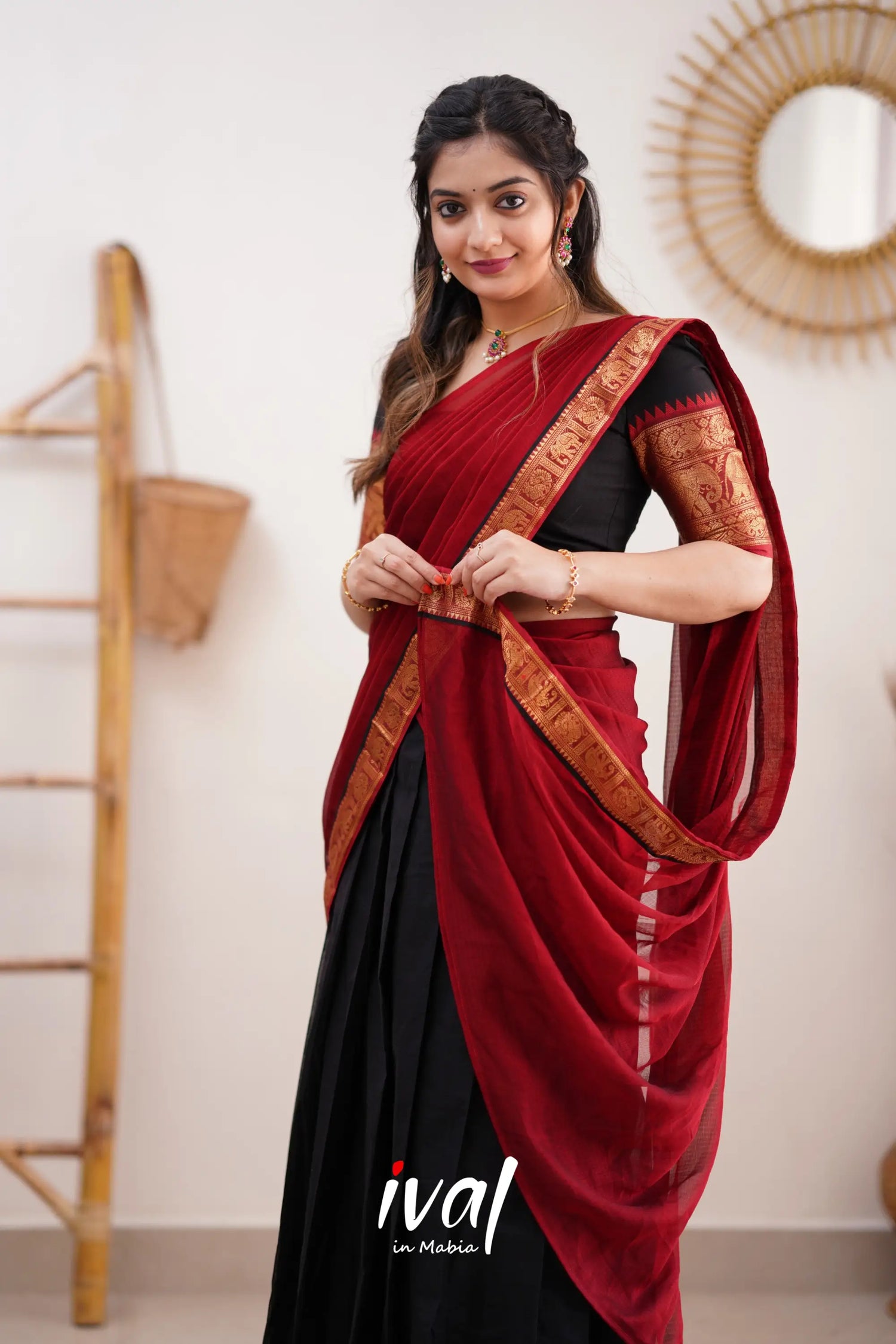 Padmaja - Red And Black Cotton Halfsaree Half Sarees