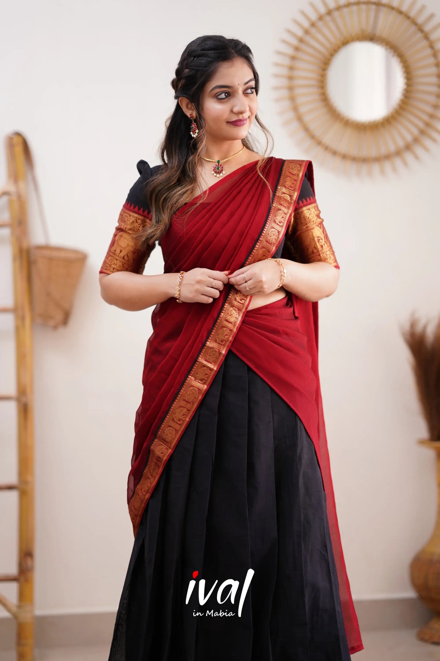 Padmaja - Red And Black Cotton Halfsaree Half Sarees