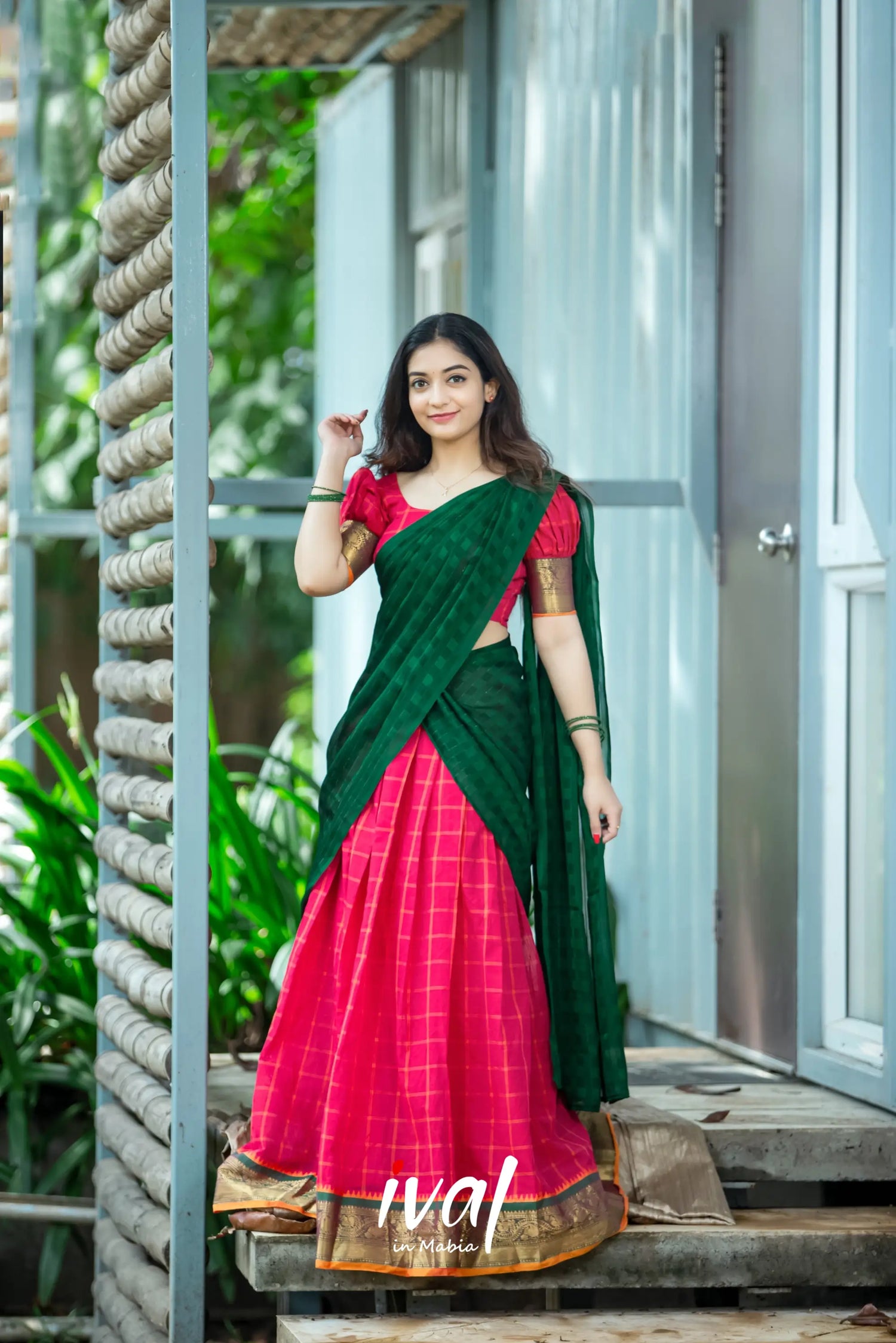 Padmaja - Red And Bottle Green Cotton Halfsaree Half Sarees