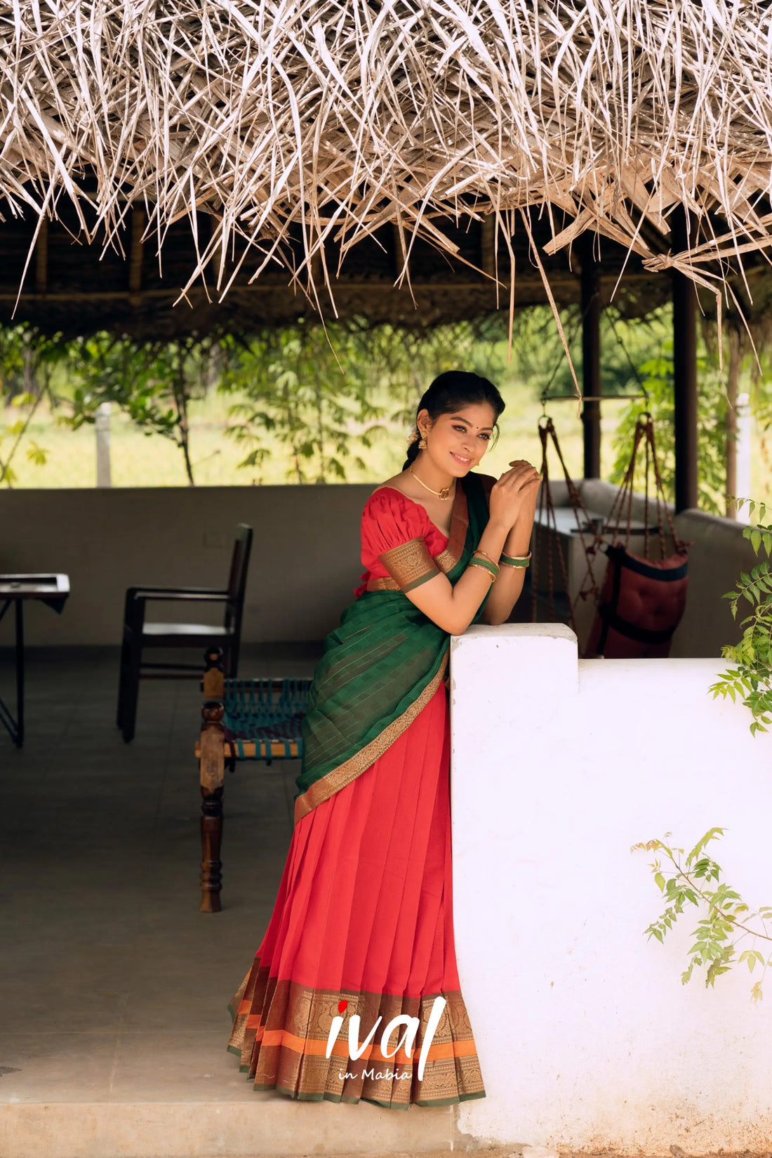 Padmaja- Red And Bottle Green Cotton Halfsaree Half Sarees