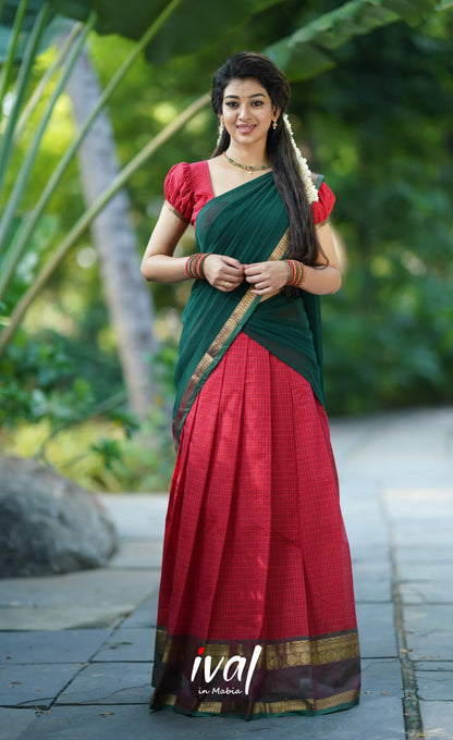 Padmaja- Red And Bottle Green Cotton Halfsaree Half Sarees