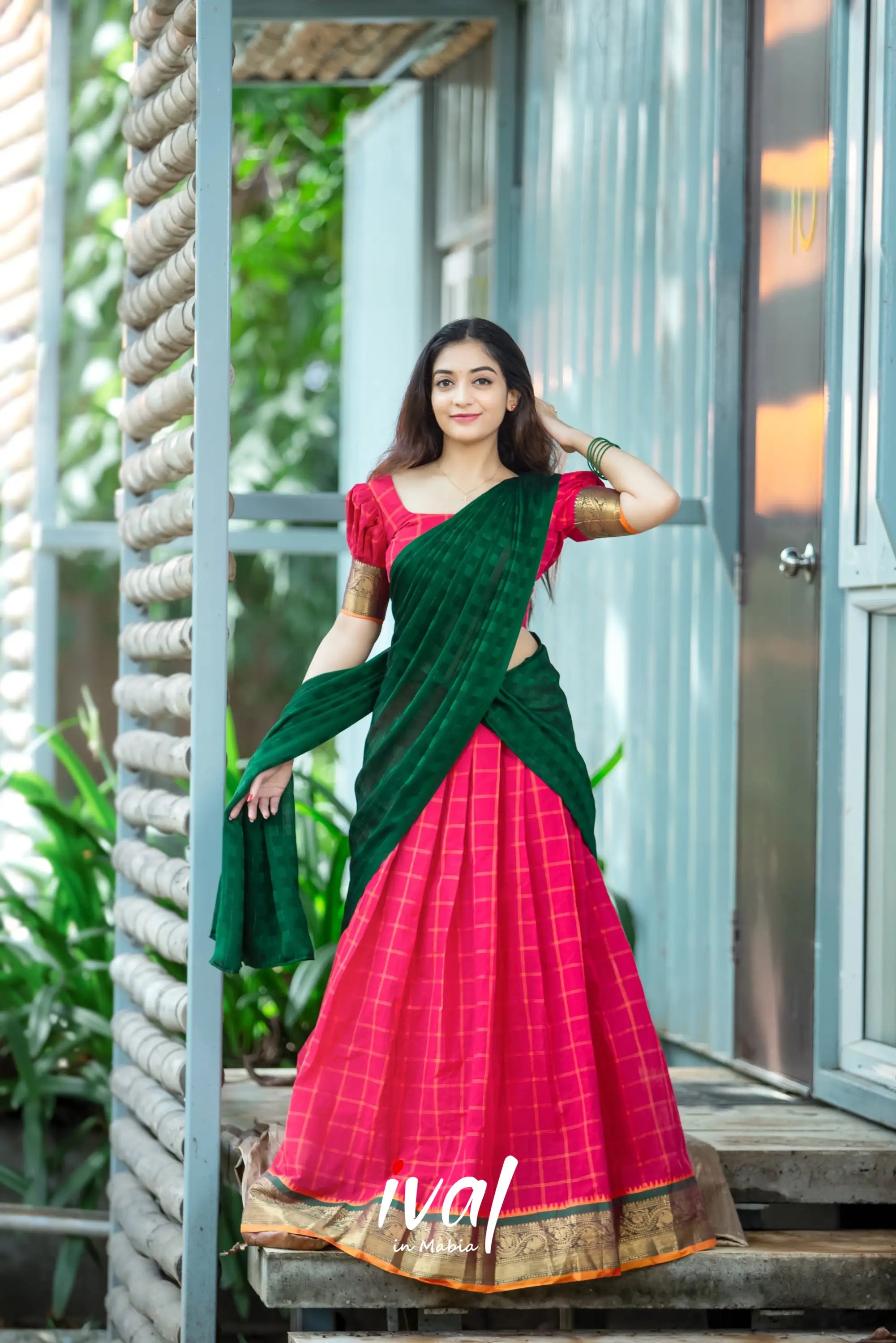 Padmaja - Red And Bottle Green Cotton Halfsaree Half Sarees