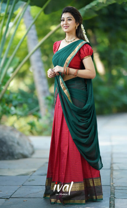 Padmaja- Red And Bottle Green Cotton Halfsaree Half Sarees