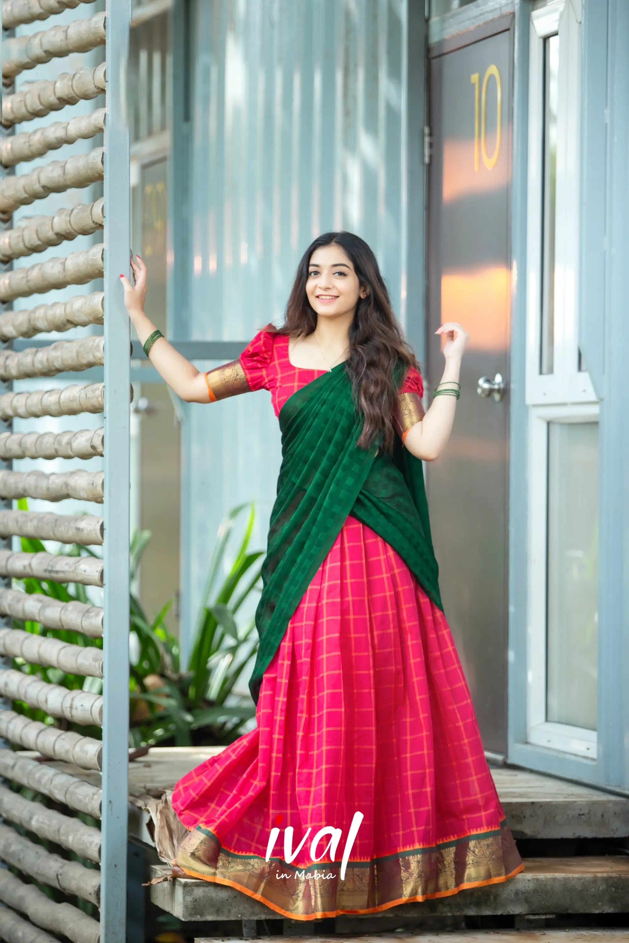 Padmaja - Red And Bottle Green Cotton Halfsaree Half Sarees