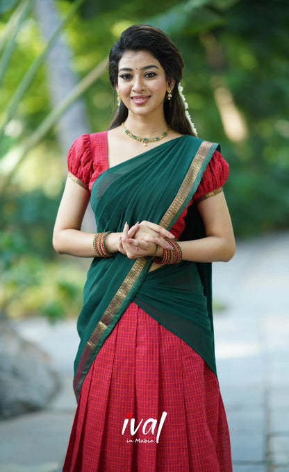 Padmaja- Red And Bottle Green Cotton Halfsaree Half Sarees