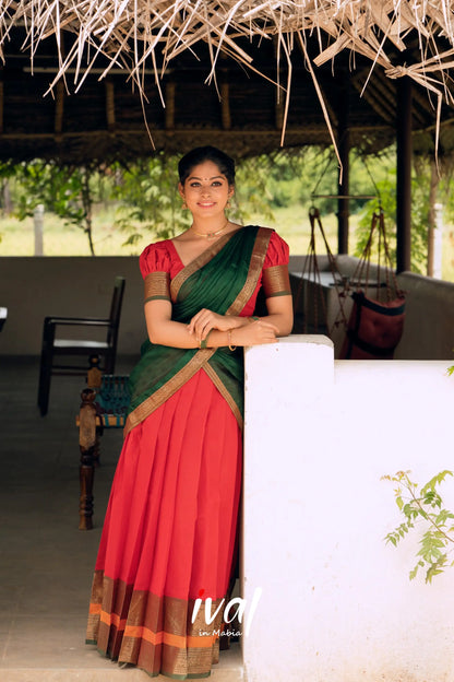 Padmaja- Red And Bottle Green Cotton Halfsaree Half Sarees