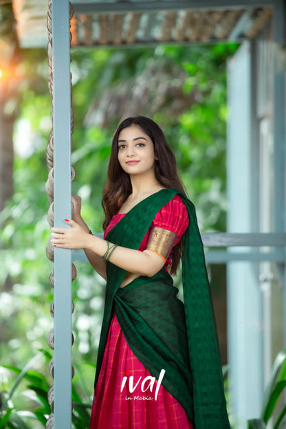 Padmaja - Red And Bottle Green Cotton Halfsaree Half Sarees