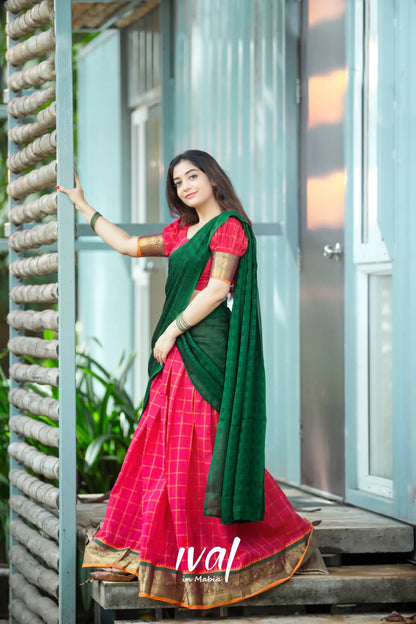 Padmaja - Red And Bottle Green Cotton Halfsaree Half Sarees