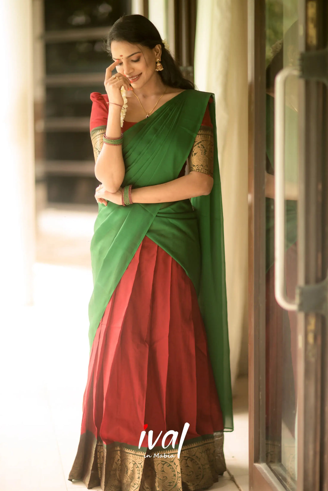 Padmaja - Red And Bottle Green Cotton Halfsaree Half Sarees