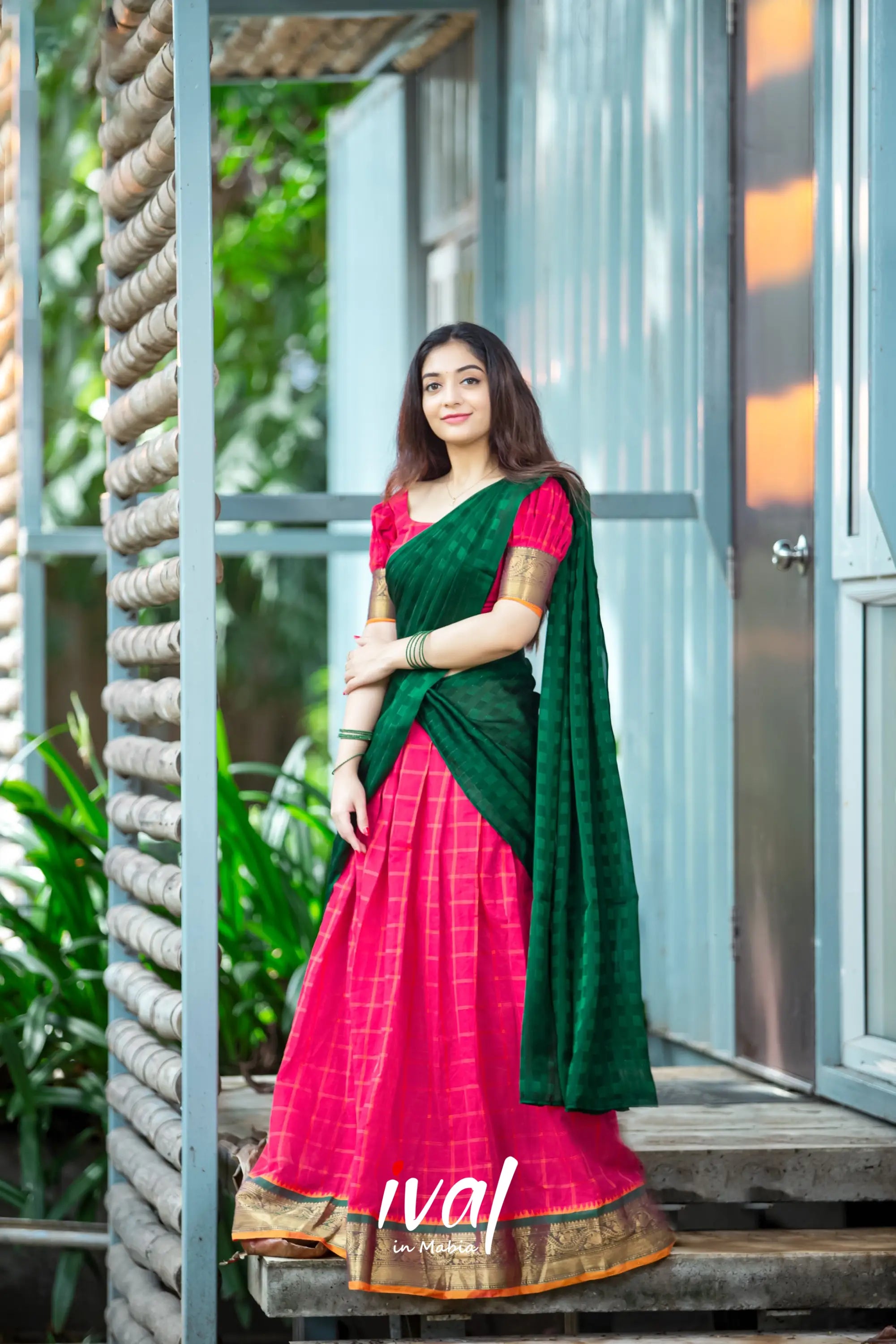 Padmaja - Red And Bottle Green Cotton Halfsaree Half Sarees