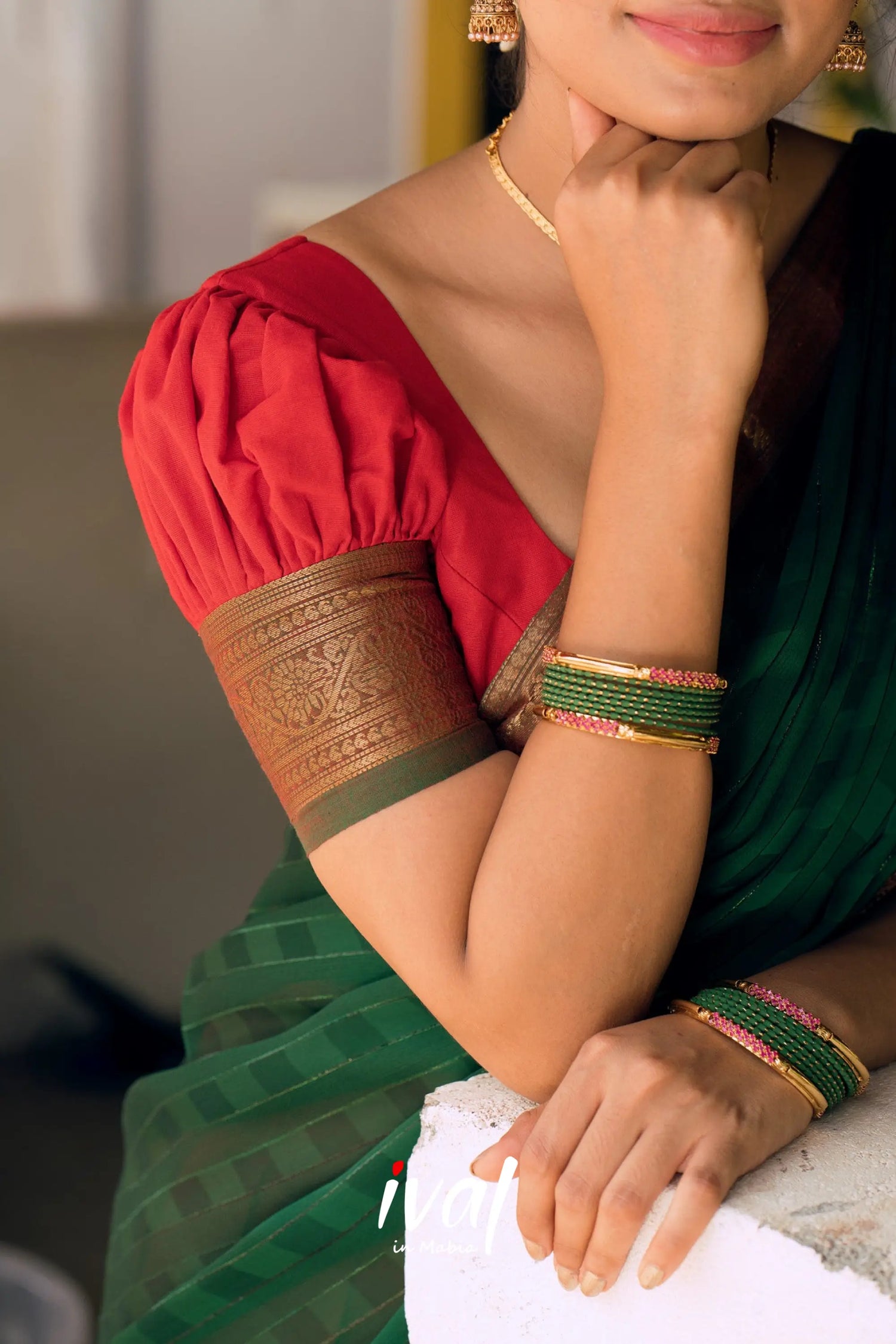 Padmaja- Red And Bottle Green Cotton Halfsaree Half Sarees