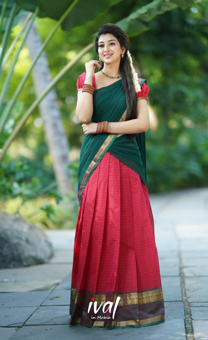 Padmaja- Red And Bottle Green Cotton Halfsaree Half Sarees