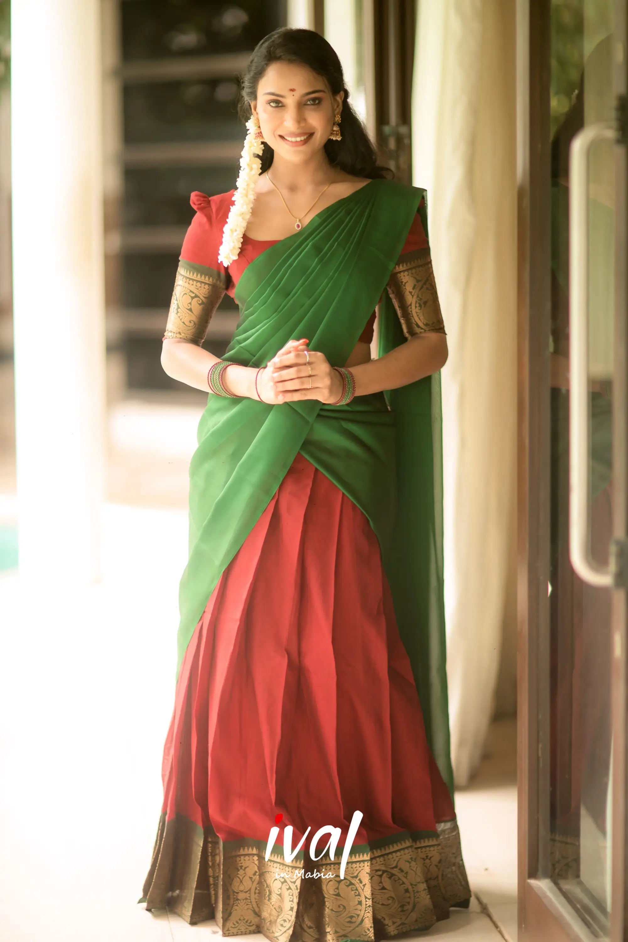 Padmaja Red and Bottle Green Cotton Halfsaree