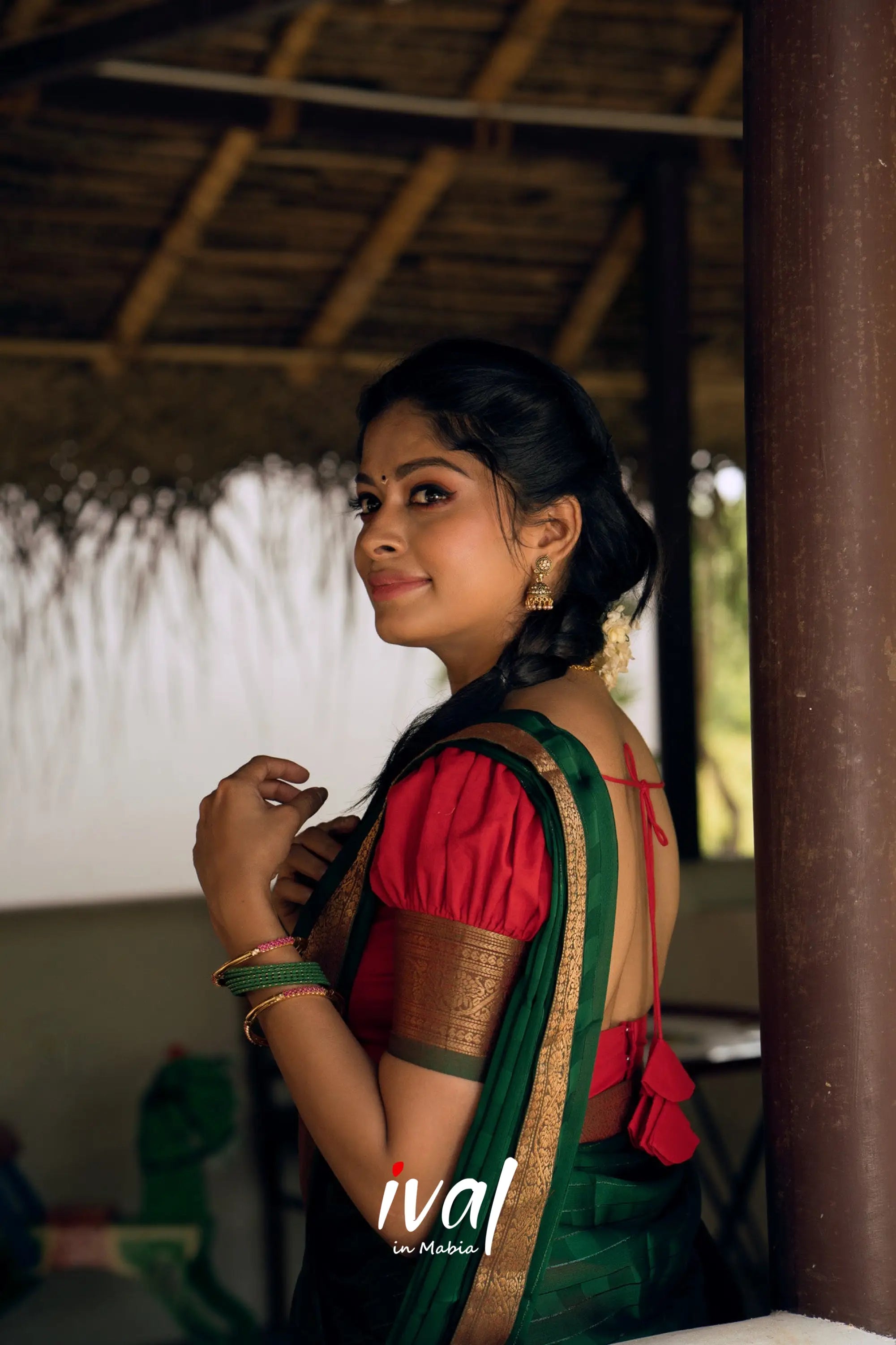 Padmaja- Red And Bottle Green Cotton Halfsaree Half Sarees