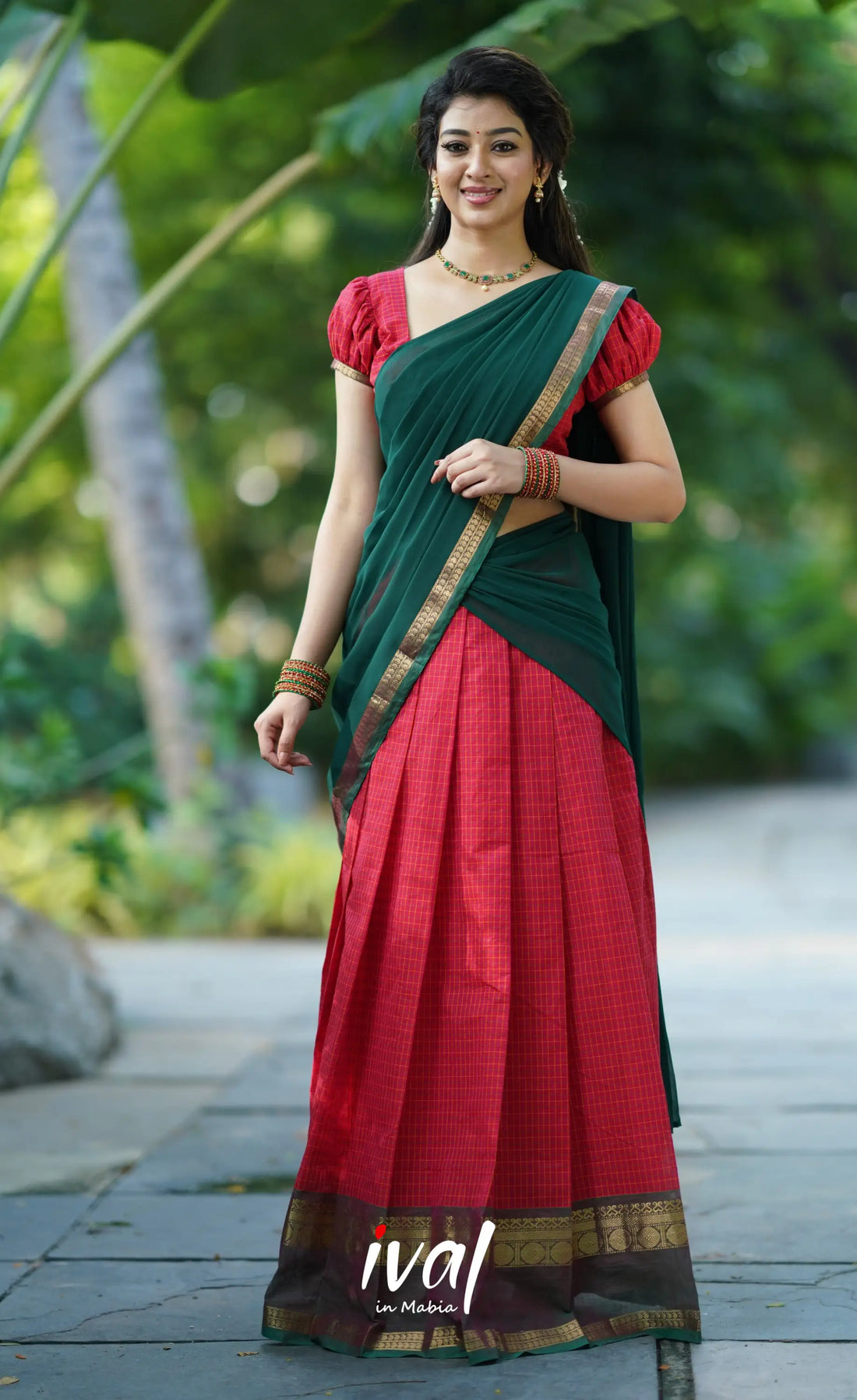 Padmaja- Red And Bottle Green Cotton Halfsaree Half Sarees