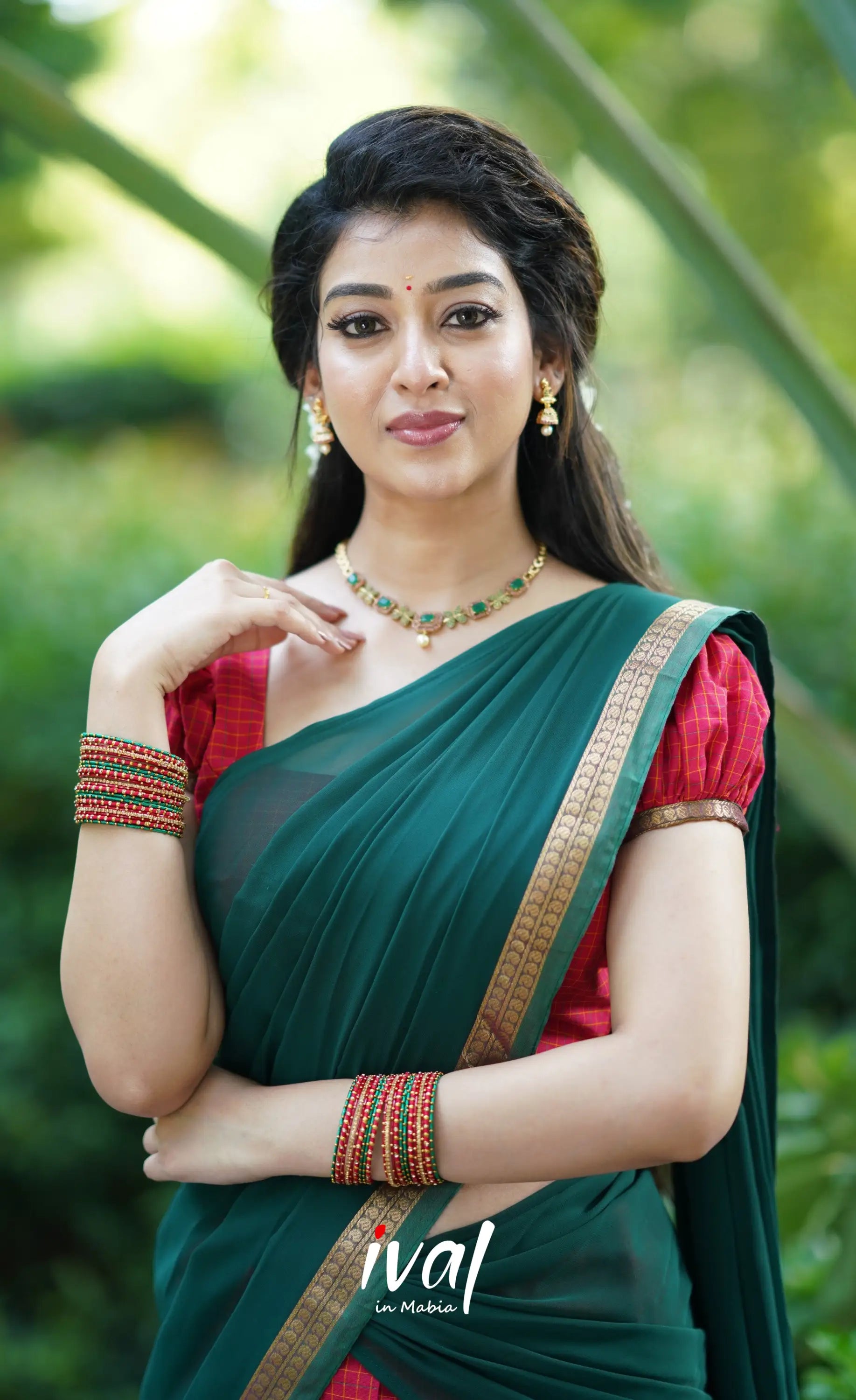 Padmaja- Red And Bottle Green Cotton Halfsaree Half Sarees