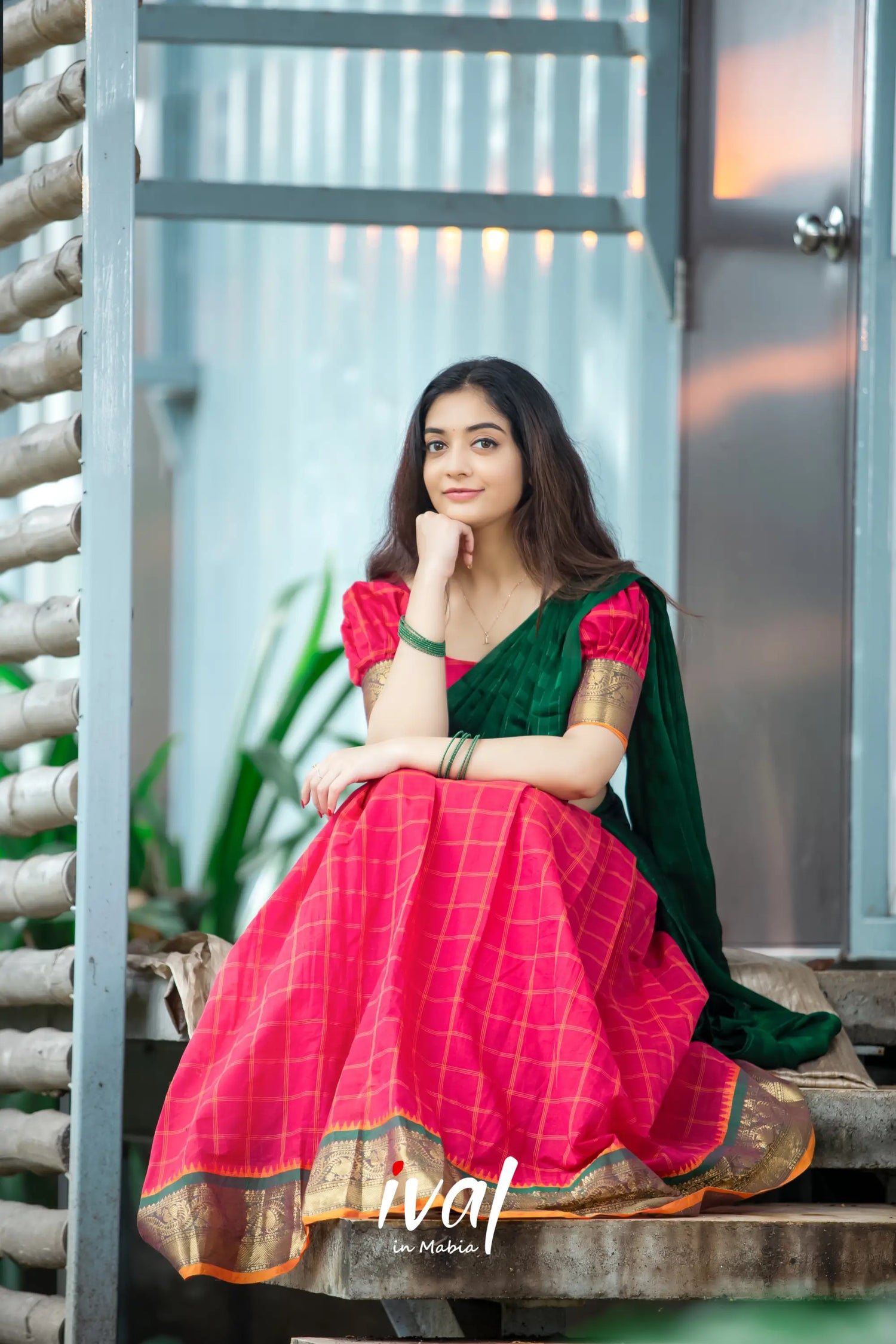 Padmaja - Red And Bottle Green Cotton Halfsaree Half Sarees