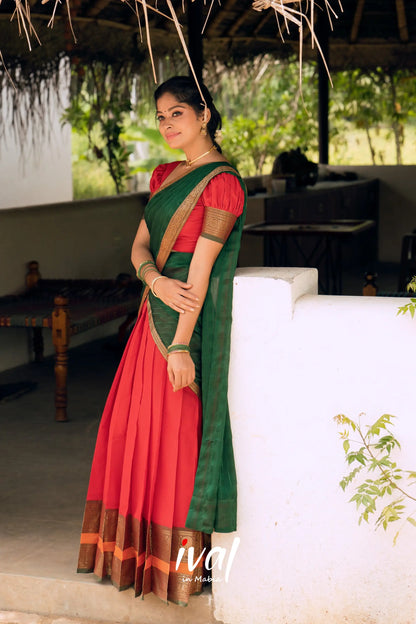 Padmaja- Red And Bottle Green Cotton Halfsaree Half Sarees