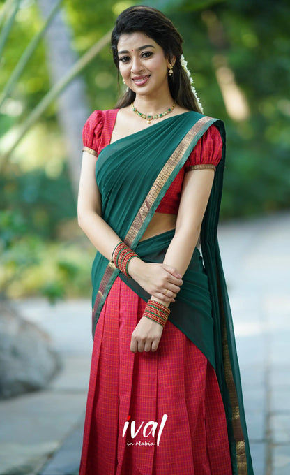 Padmaja- Red And Bottle Green Cotton Halfsaree Half Sarees