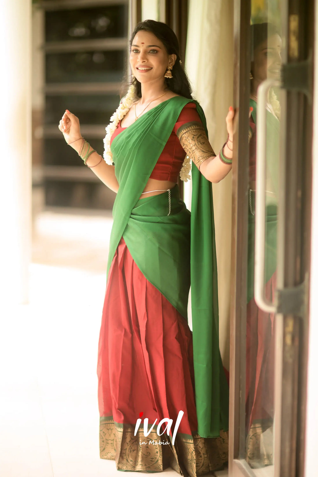 Padmaja - Red And Bottle Green Cotton Halfsaree Half Sarees