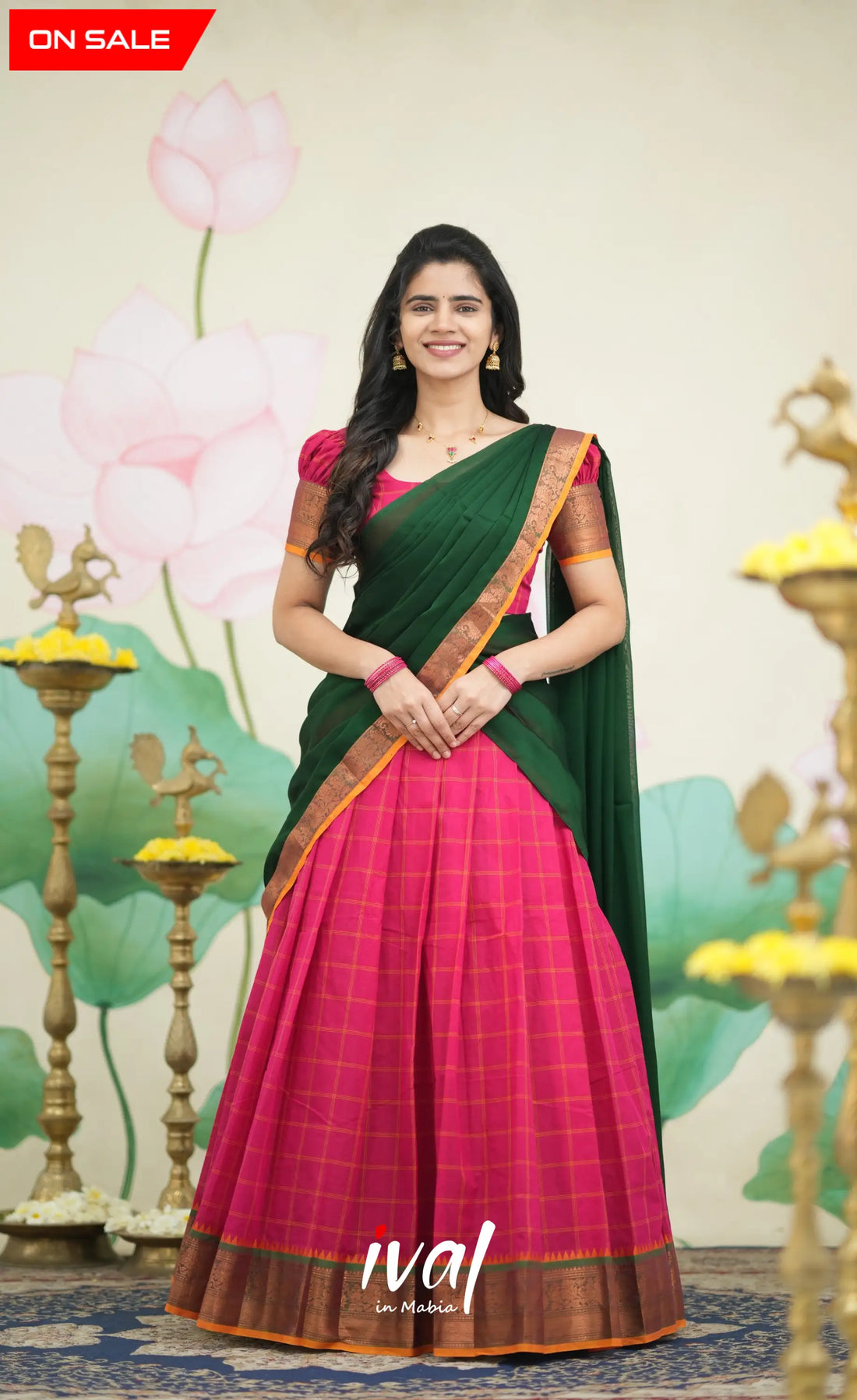 Padmaja - Red and Bottle Green Cotton Halfsaree - Half Sarees