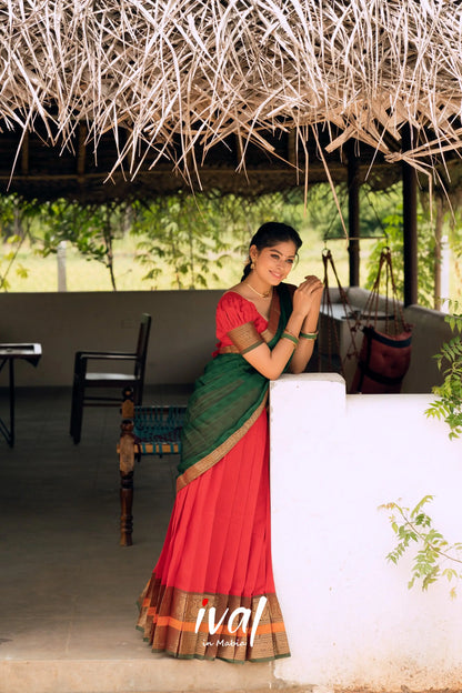 Padmaja- Red And Bottle Green Cotton Halfsaree Half Sarees