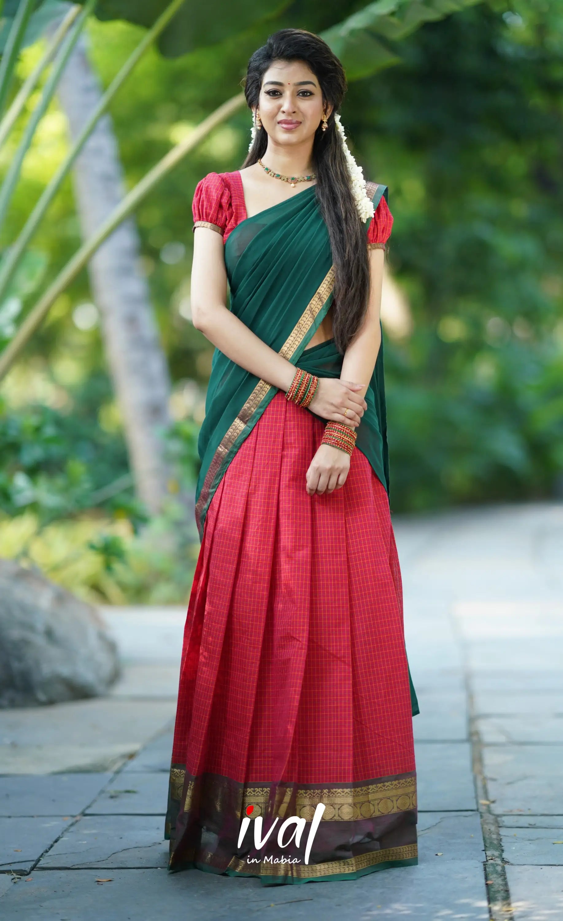 Padmaja- Red And Bottle Green Cotton Halfsaree Half Sarees