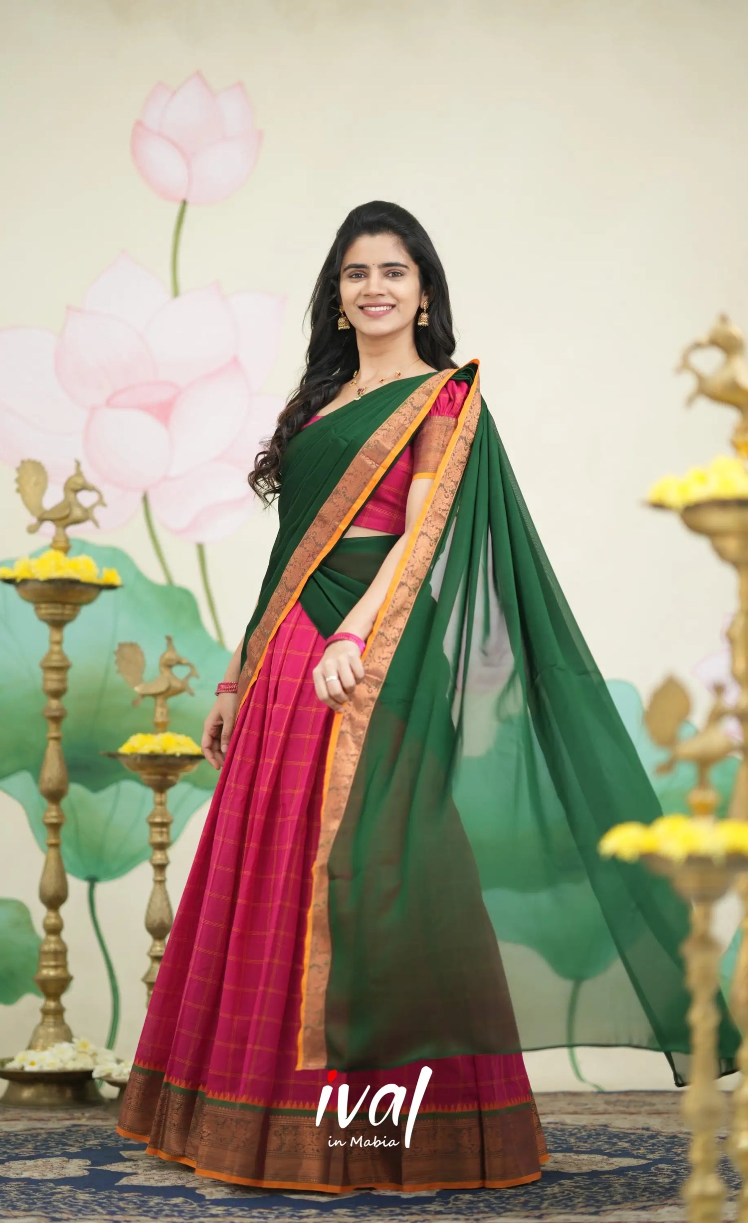 Padmaja - Red and Bottle Green Cotton Halfsaree - Half Sarees