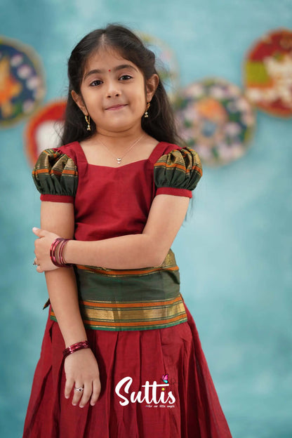 Padmaja - Red And Dark Green Cotton Pavadai Sattai Kids-Suttis