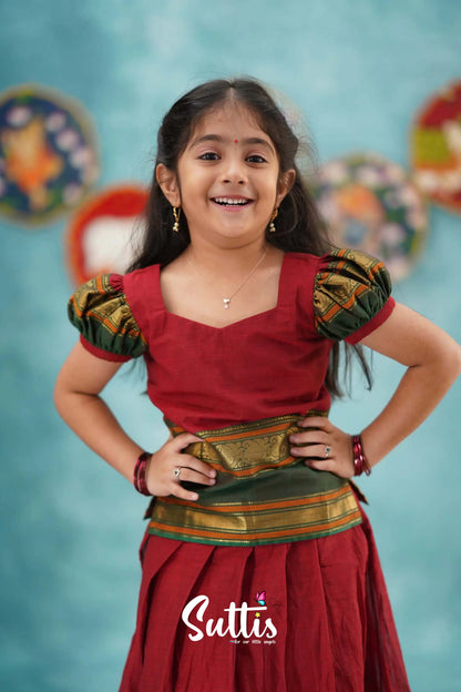 Padmaja - Red And Dark Green Cotton Pavadai Sattai Kids-Suttis