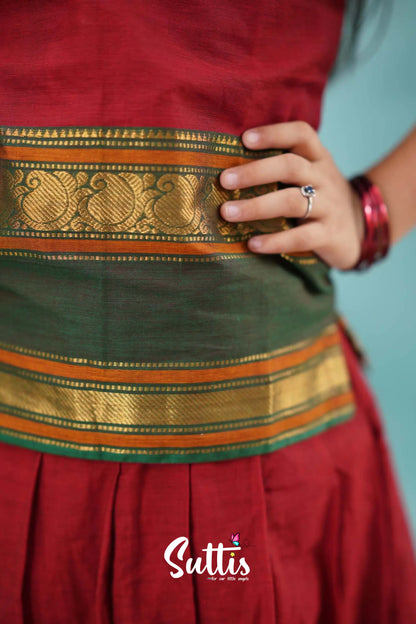 Padmaja - Red And Dark Green Cotton Pavadai Sattai Kids-Suttis